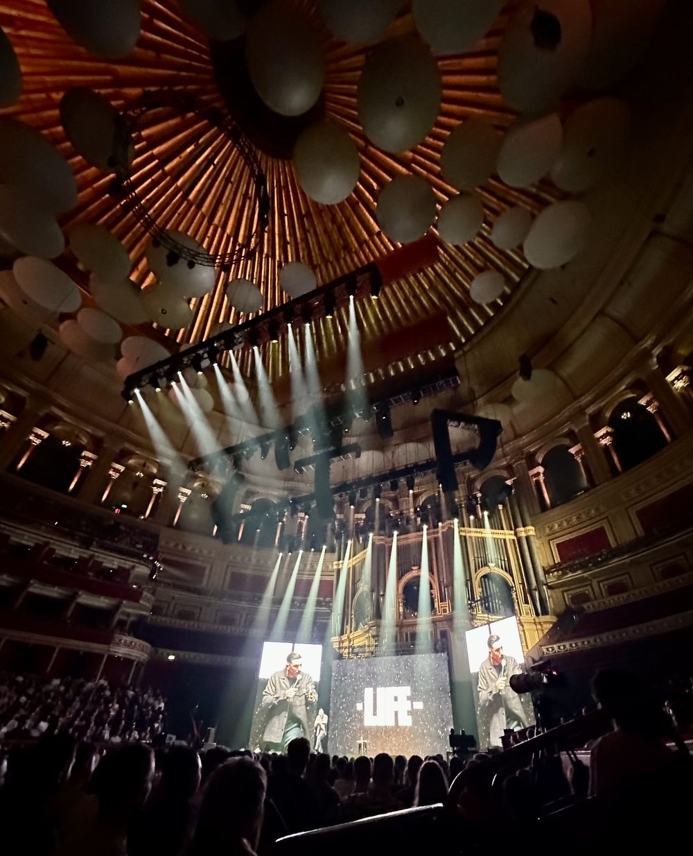 Royal Albert Hall stage and lighting rig seen from the stalls